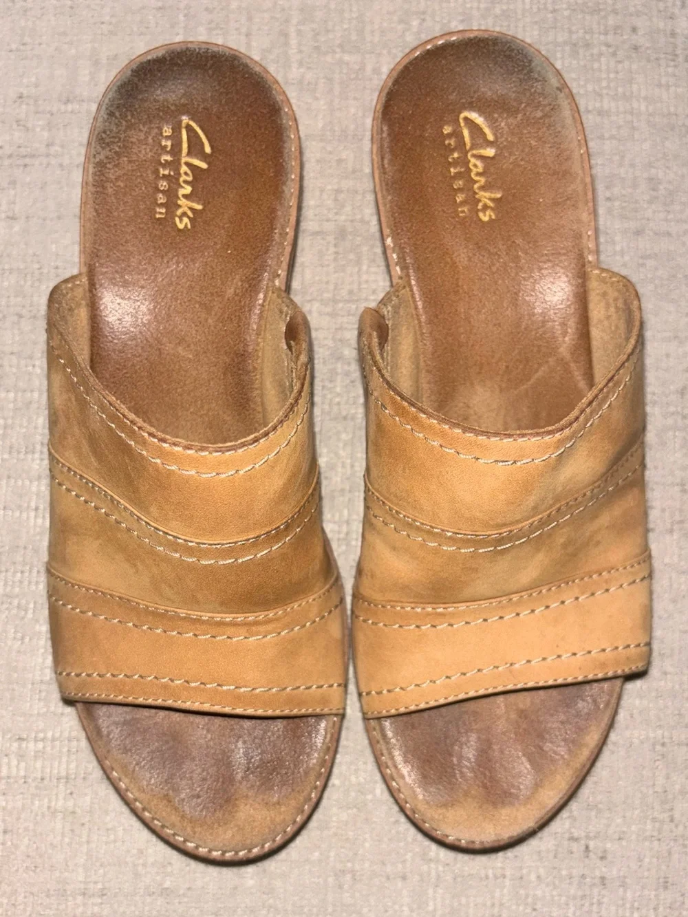 Clarks Artisan Leather Cork Wedge Slide Sandals Tan Brown 7 Neutral Shoes Boho